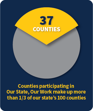 Counties participating in Our State, Our Work make up more than a third of our state's 100 counties